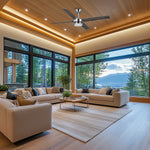 Load image into Gallery viewer, Laritza 56 in Covered Outdoor Ceiling Fan with Light in Brushed Nickel / Dark Driftwood — in-room lifestyle view