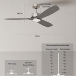 Load image into Gallery viewer, BOCA II 52 in Matter Smart Ceiling Fan with Light in Brushed Nickel / Slate Oak — dimensions, downrod and sloped-ceiling fit