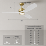 Load image into Gallery viewer, BOCA II 52 in Matter Smart Ceiling Fan with Light in Matte Champagne / Matte White — dimensions, downrod and sloped-ceiling fit
