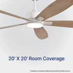 Load image into Gallery viewer, Dragonfly 56 in Matter Smart Ceiling Fan with Light in Matte White / Blackened Oak / White Wood — airflow and room coverage