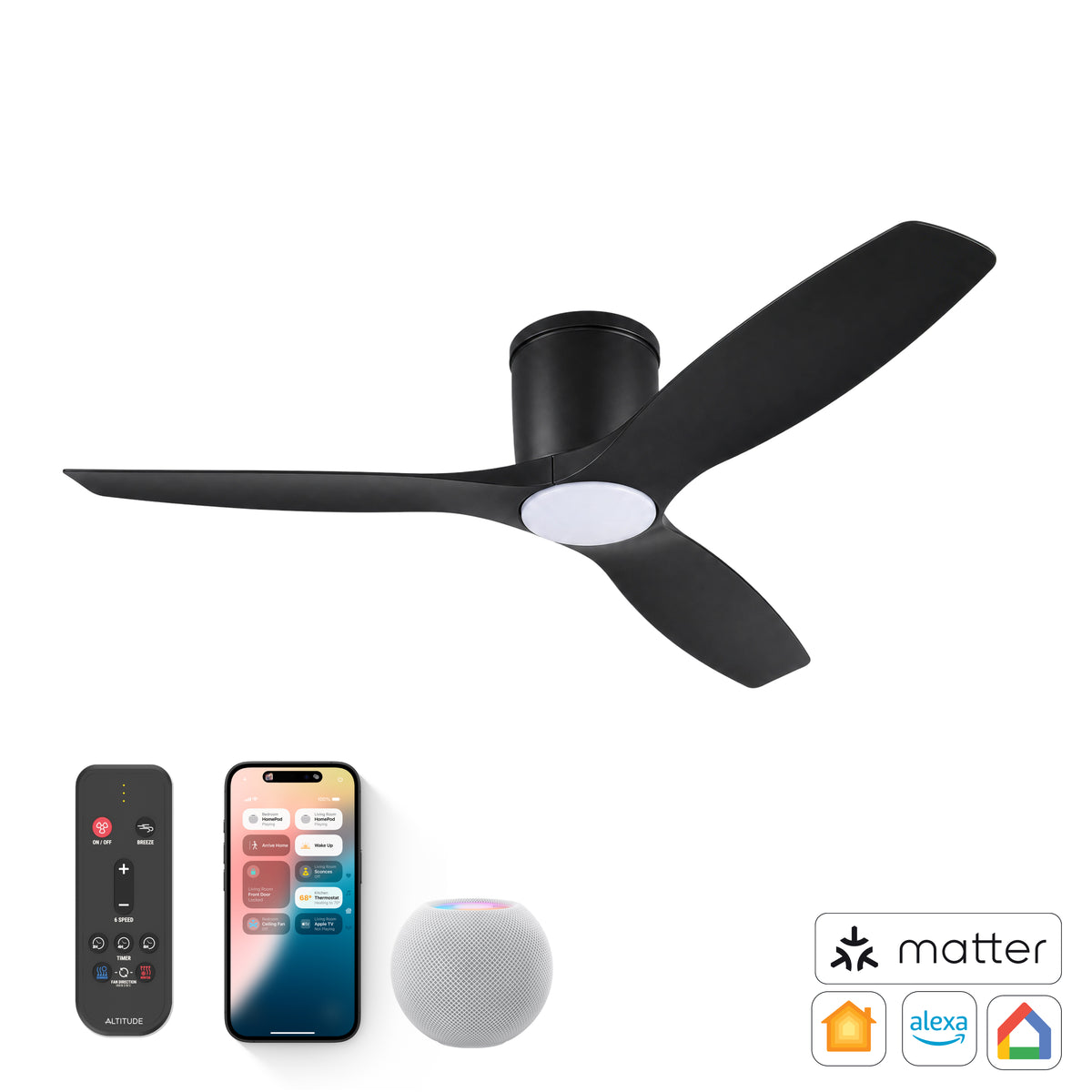 Savannah 52 in matter smart flush mount ceiling fan with light in matte black — primary product photo