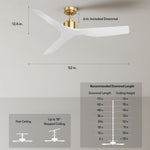 Load image into Gallery viewer, Skylark 52 in Matter Smart Ceiling Fan Without Light in Matte Champagne / Matte White — dimensions, downrod and sloped-ceiling fit