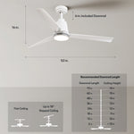 Load image into Gallery viewer, Solo 52 in Covered Outdoor Ceiling Fan with Light in Matte White — dimensions, downrod and sloped-ceiling fit