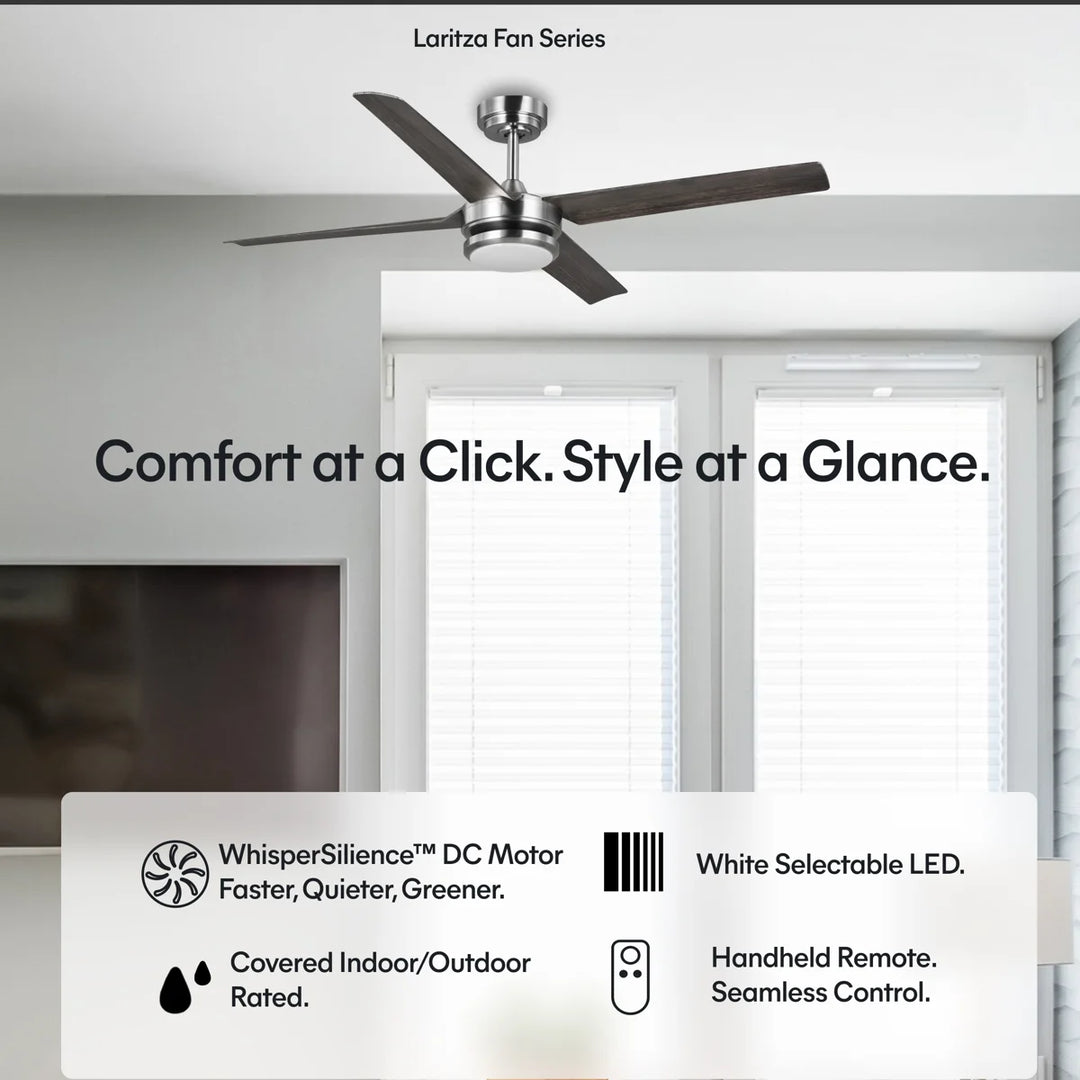 Laritza 56 in Covered Outdoor Ceiling Fan with Light in Brushed Nickel / Dark Driftwood — feature overview