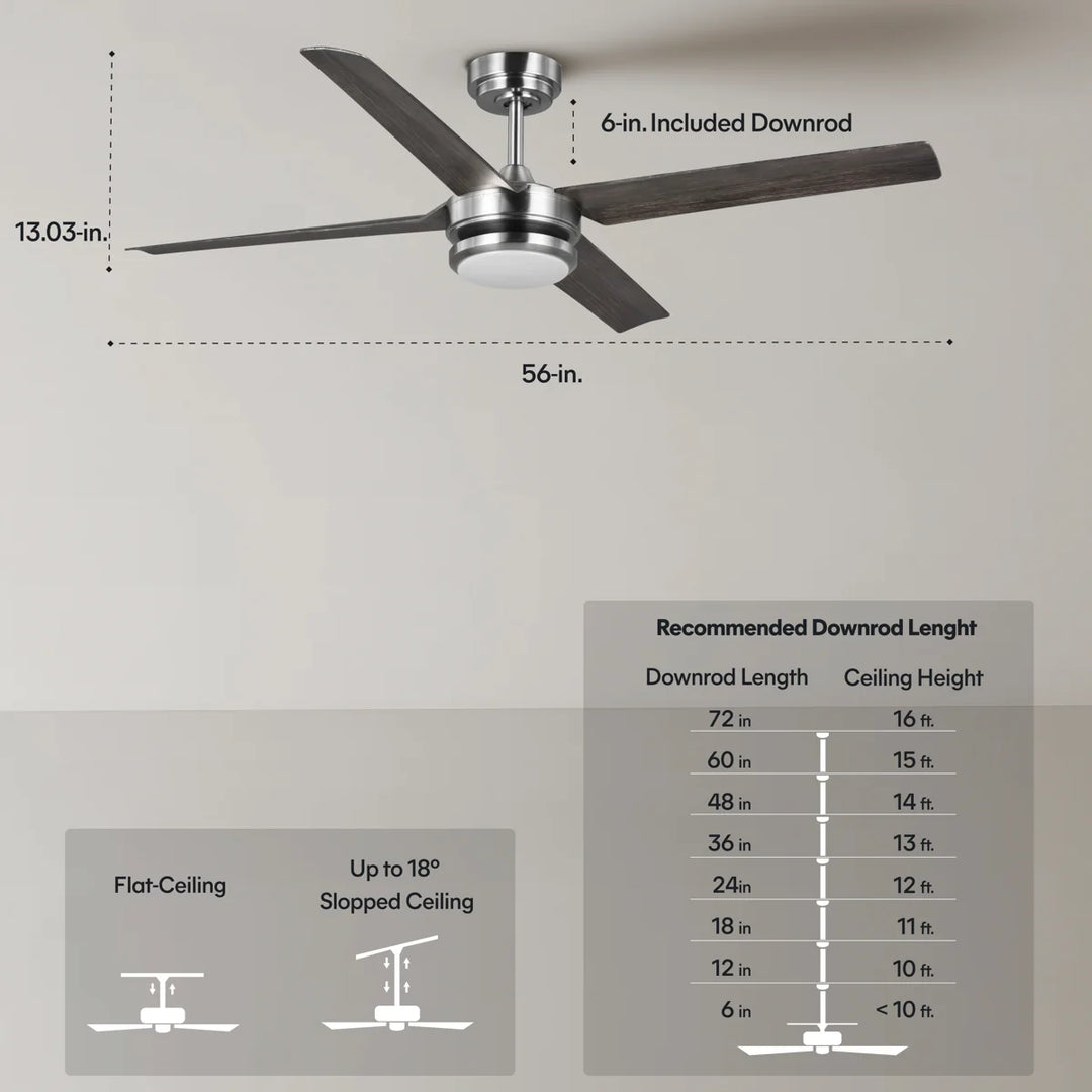 Laritza 56 in Covered Outdoor Ceiling Fan with Light in Brushed Nickel / Dark Driftwood — dimensions, downrod and sloped-ceiling fit