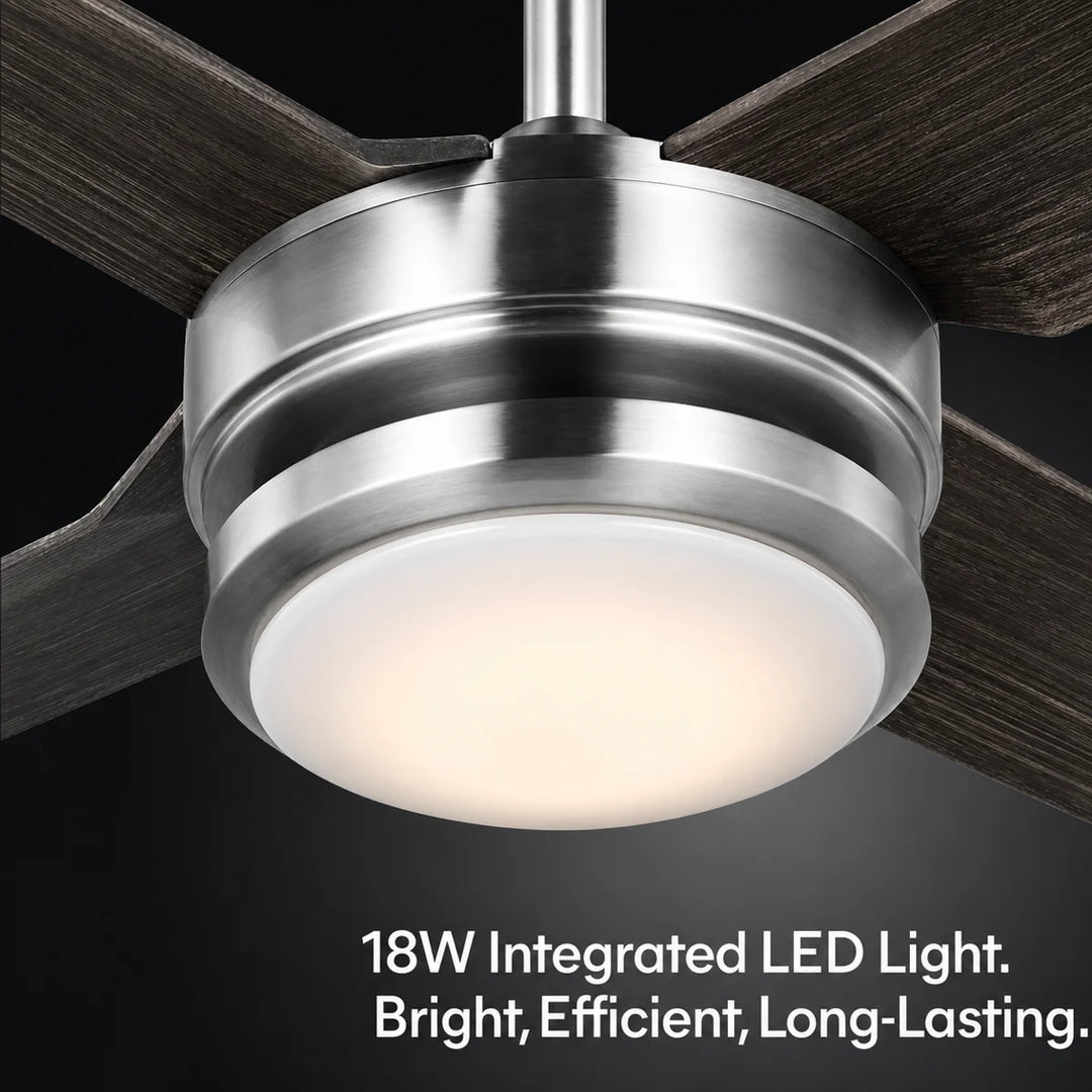 Laritza 56 in Covered Outdoor Ceiling Fan with Light in Brushed Nickel / Dark Driftwood — light hardware detail