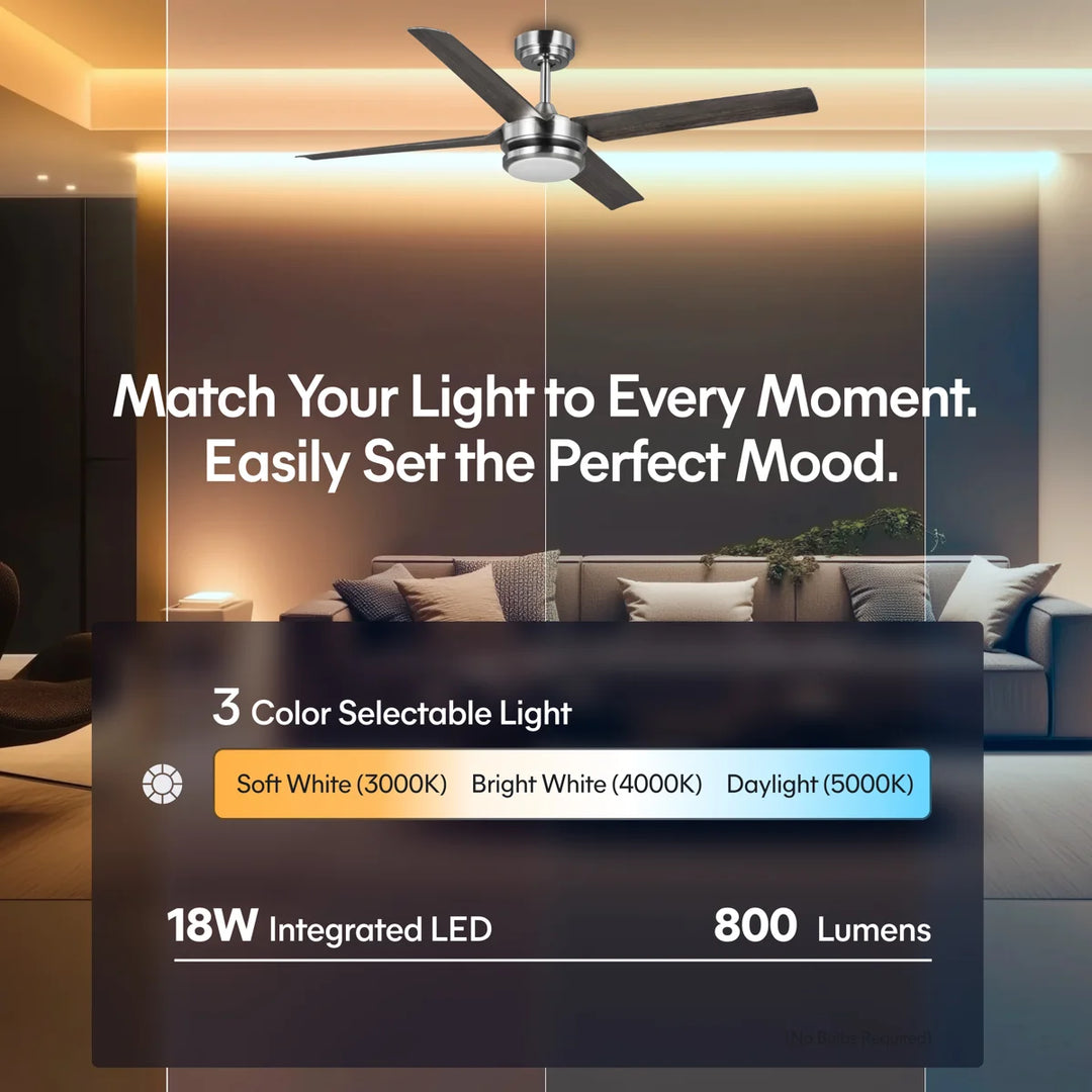 Laritza 56 in Covered Outdoor Ceiling Fan with Light in Brushed Nickel / Dark Driftwood — lighting, colour temperature and lumens