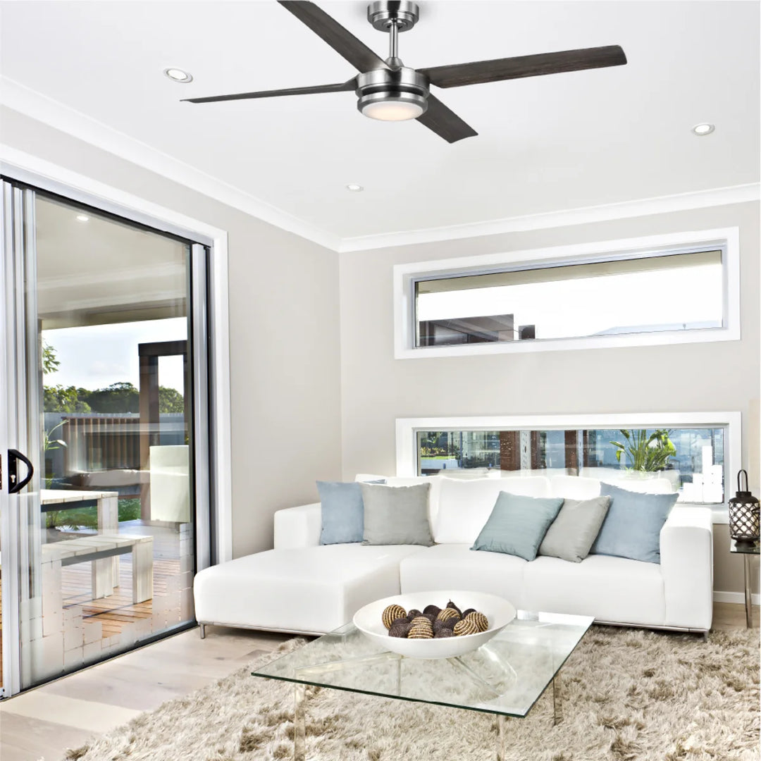 Laritza 56 in Covered Outdoor Ceiling Fan with Light in Brushed Nickel / Dark Driftwood — in-room lifestyle view