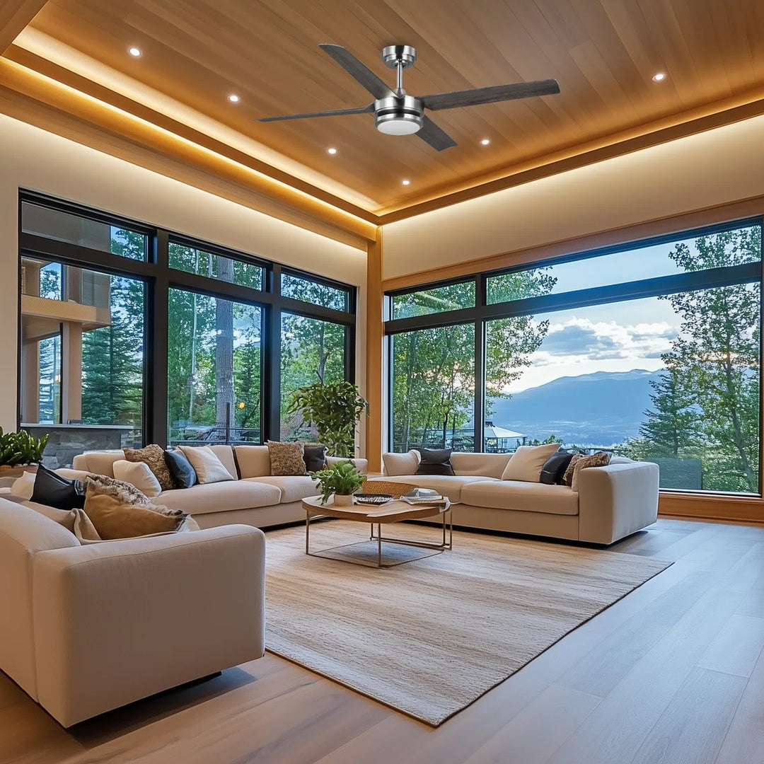 Laritza 56 in Covered Outdoor Ceiling Fan with Light in Brushed Nickel / Dark Driftwood — in-room lifestyle view