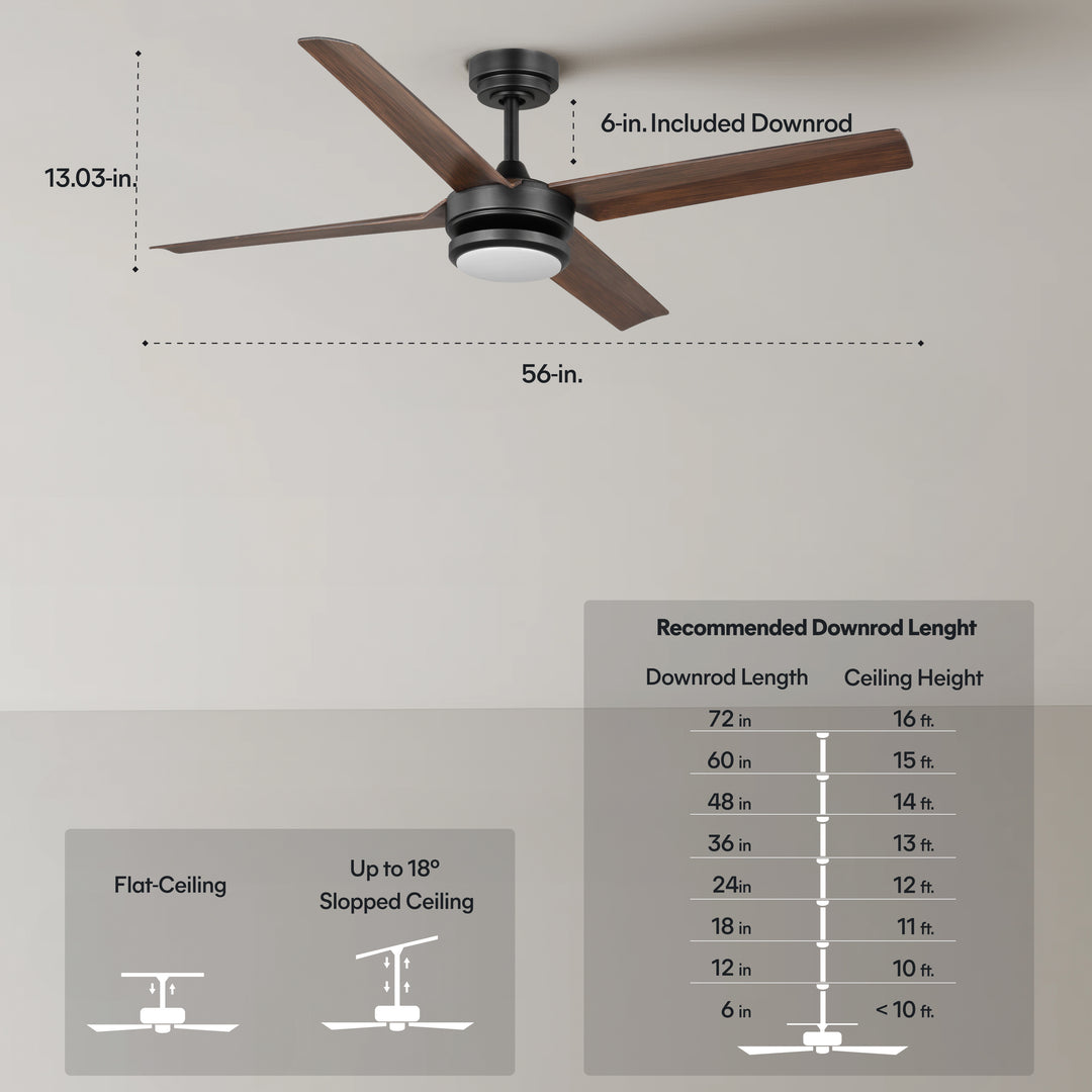 Laritza 56 in Covered Outdoor Ceiling Fan with Light in Matte Black / Dark Brown — dimensions, downrod and sloped-ceiling fit