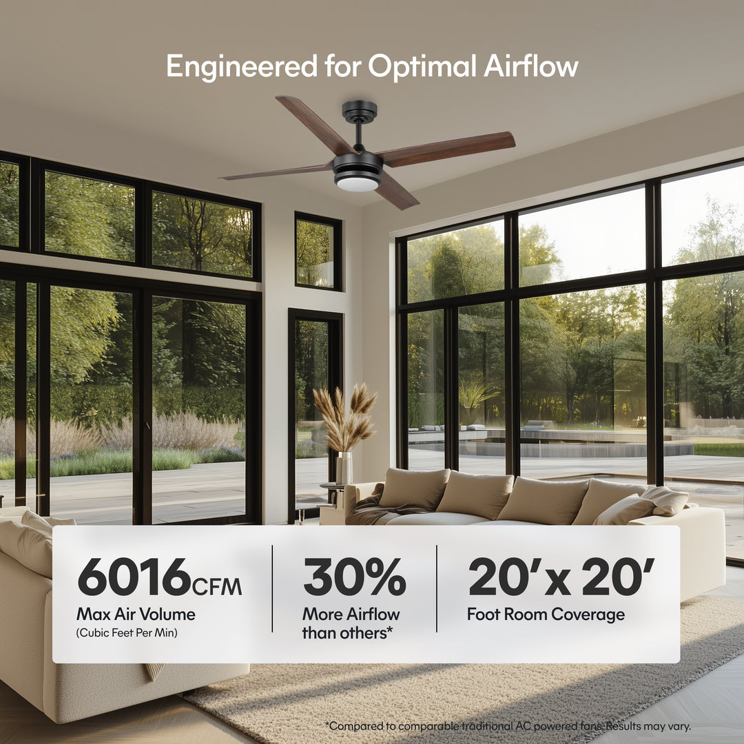 Laritza 56 in Covered Outdoor Ceiling Fan with Light in Matte Black / Dark Brown — airflow and room coverage