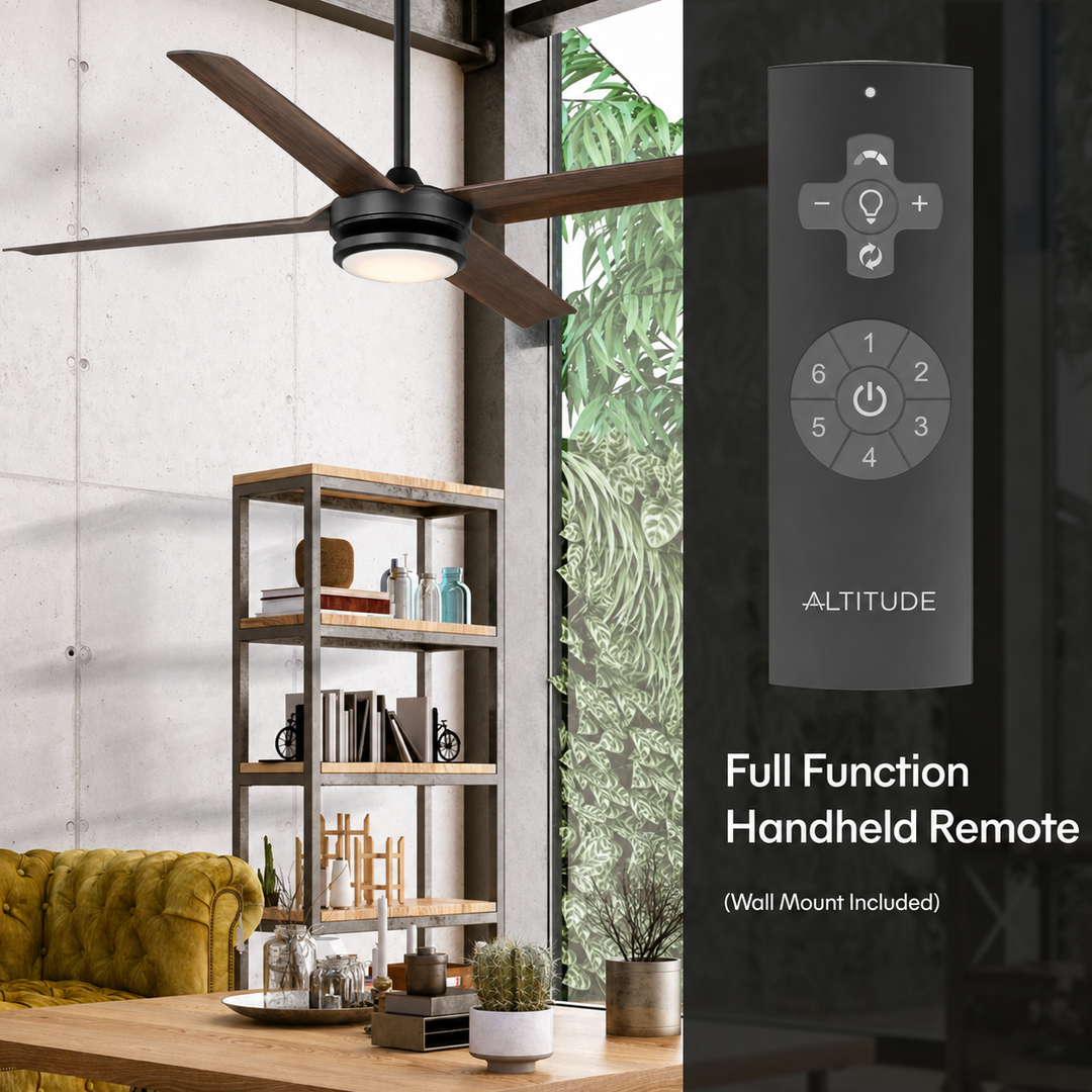 Laritza 56 in Covered Outdoor Ceiling Fan with Light in Matte Black / Dark Brown — remote, control and pull chain