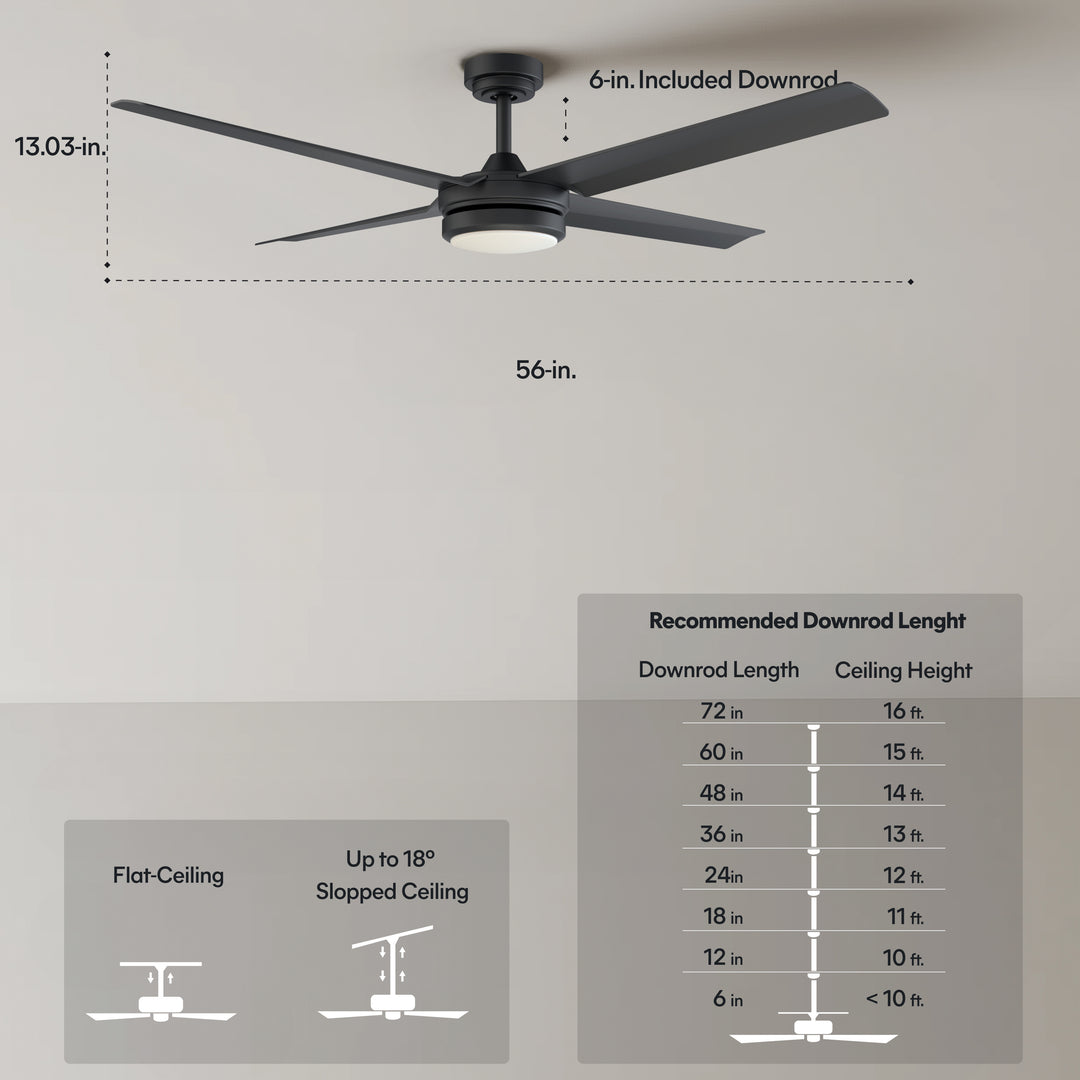 Laritza 56 in Covered Outdoor Ceiling Fan with Light in Matte Black — dimensions, downrod and sloped-ceiling fit