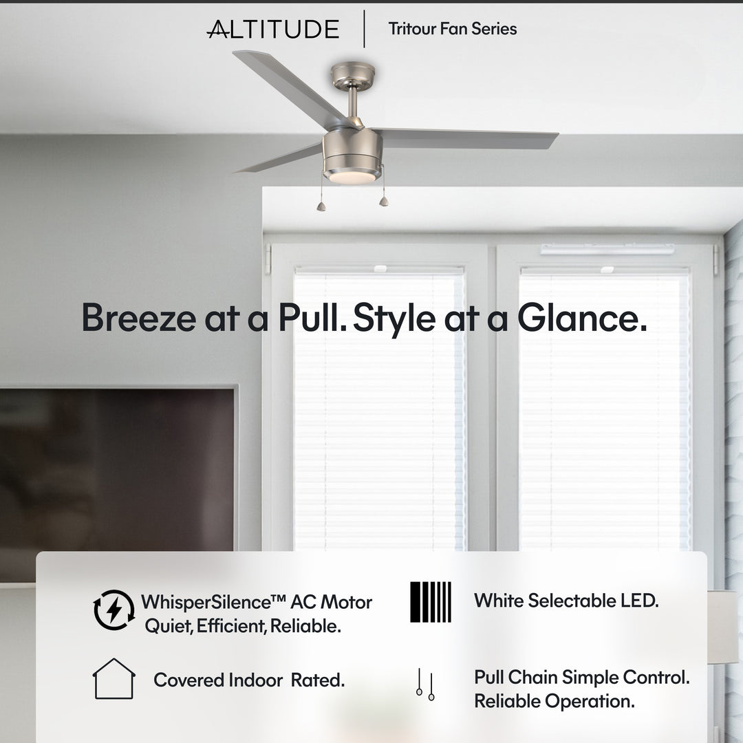 Tritour 44/52 in Pull Chain Ceiling Fan with Light in Brushed Nickel / Silver — motor and efficiency, feature overview