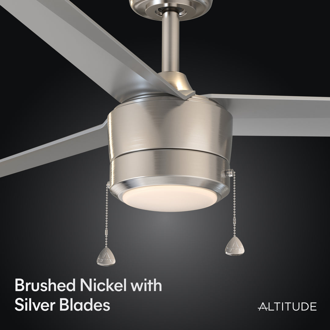 Tritour 44/52 in Pull Chain Ceiling Fan with Light in Brushed Nickel / Silver — finish and material detail, light hardware detail