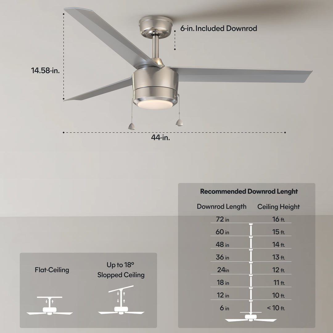 Tritour 44/52 in Pull Chain Ceiling Fan with Light in Brushed Nickel / Silver — dimensions, downrod and sloped-ceiling fit