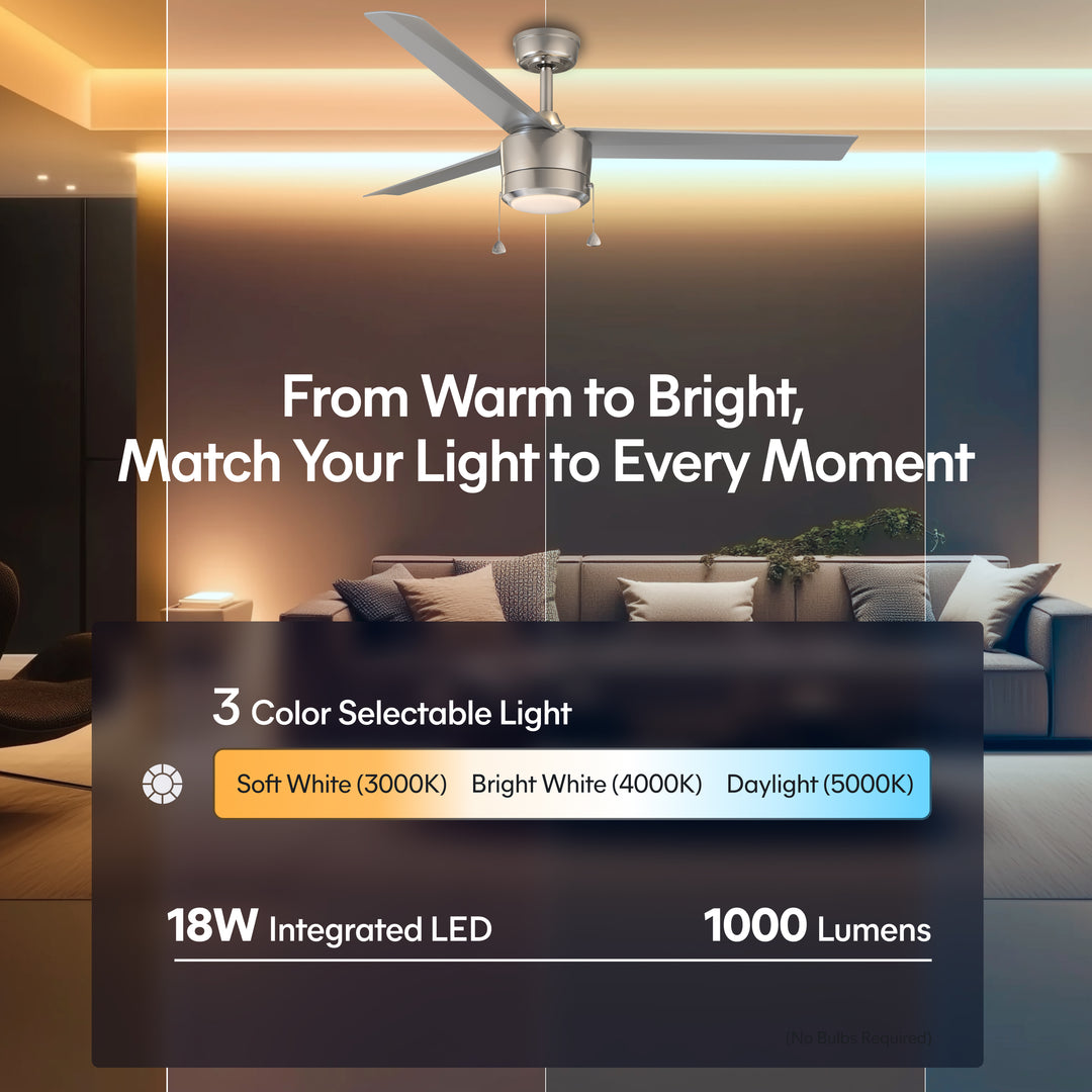 Tritour 44/52 in Pull Chain Ceiling Fan with Light in Brushed Nickel / Silver — lighting, colour temperature and lumens