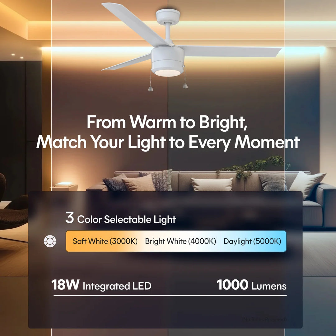Tritour 44/52 in Pull Chain Ceiling Fan with Light in Matte White — lighting, colour temperature and lumens