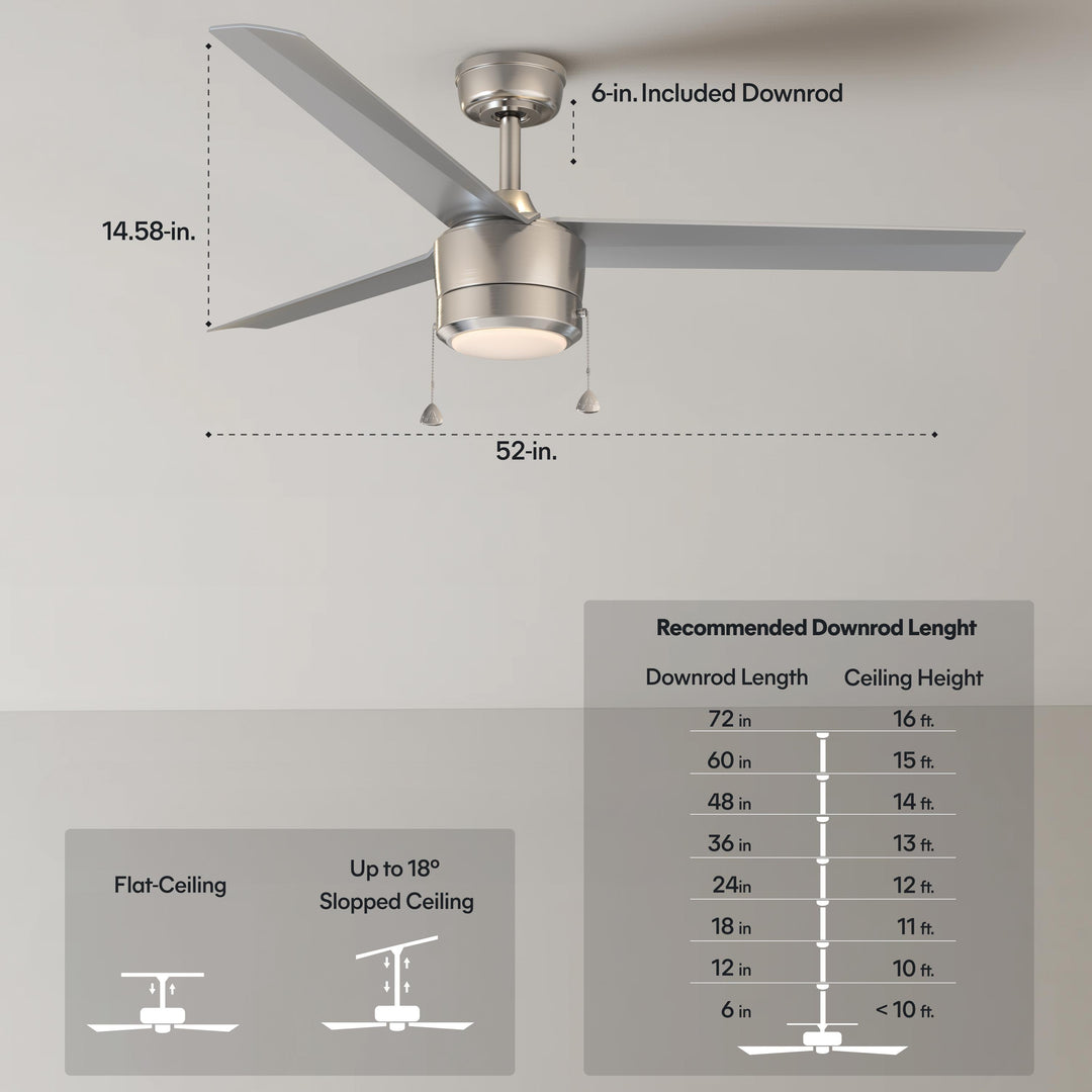 Tritour 44/52 in Pull Chain Ceiling Fan with Light in Brushed Nickel / Silver — dimensions, downrod and sloped-ceiling fit