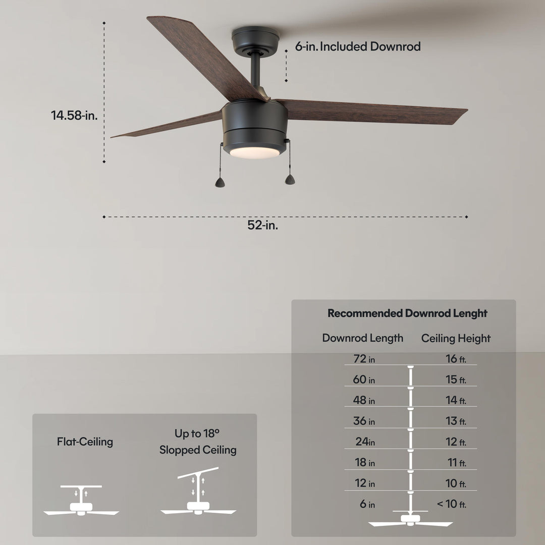 Tritour 44/52 in Pull Chain Ceiling Fan with Light in Matte Black / Dark Brown — dimensions, downrod and sloped-ceiling fit