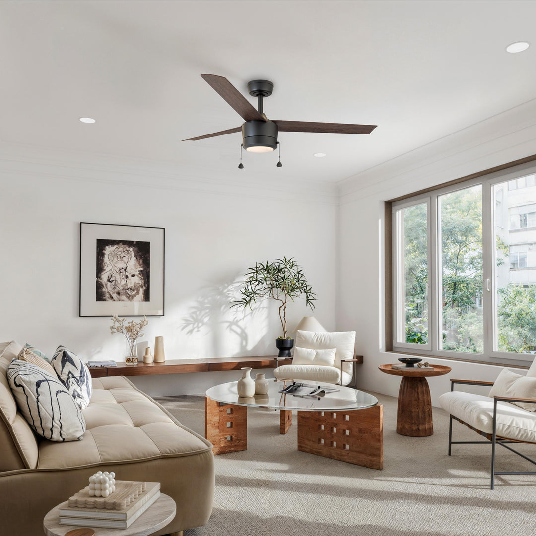 Tritour 44/52 in Pull Chain Ceiling Fan with Light in Matte Black / Dark Brown — in-room lifestyle view