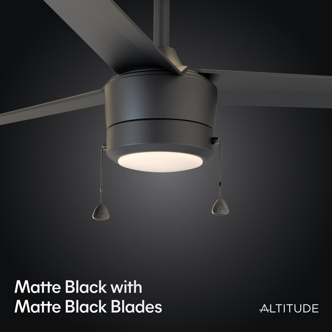 Tritour 44/52 in Pull Chain Ceiling Fan with Light in Matte Black — finish and material detail, light hardware detail