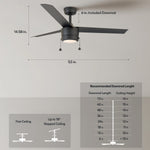 Load image into Gallery viewer, Tritour 44/52 in Pull Chain Ceiling Fan with Light in Matte Black — dimensions, downrod and sloped-ceiling fit
