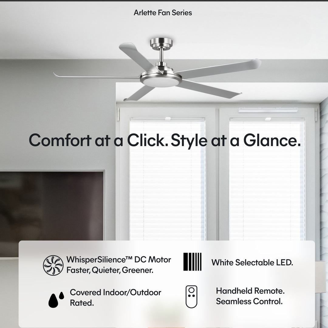 Arlette 60 in Covered Outdoor Ceiling Fan with Light in Brushed Nickel / Silver — feature overview