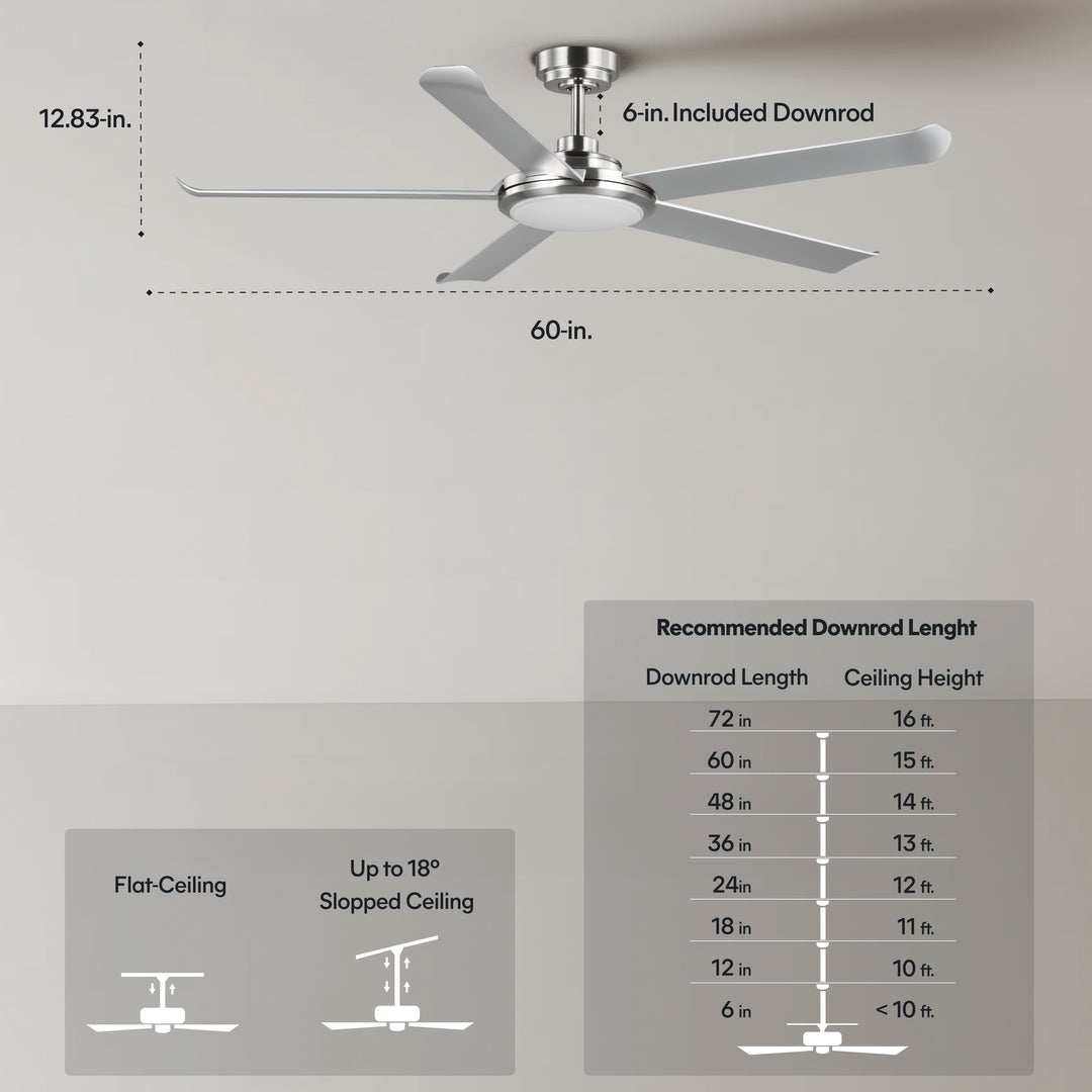 Arlette 60 in Covered Outdoor Ceiling Fan with Light in Brushed Nickel / Silver — dimensions, downrod and sloped-ceiling fit