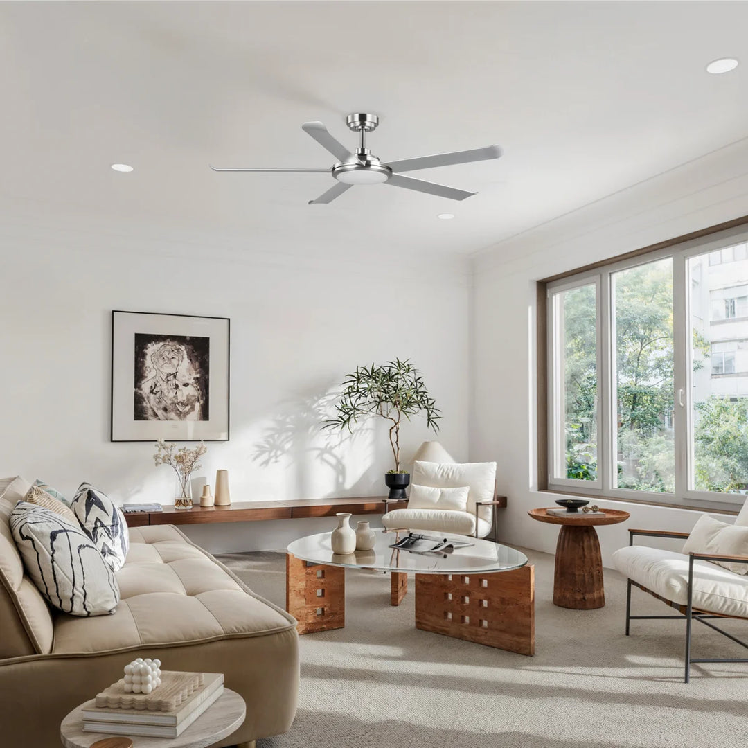 Arlette 60 in Covered Outdoor Ceiling Fan with Light in Brushed Nickel / Silver — in-room lifestyle view