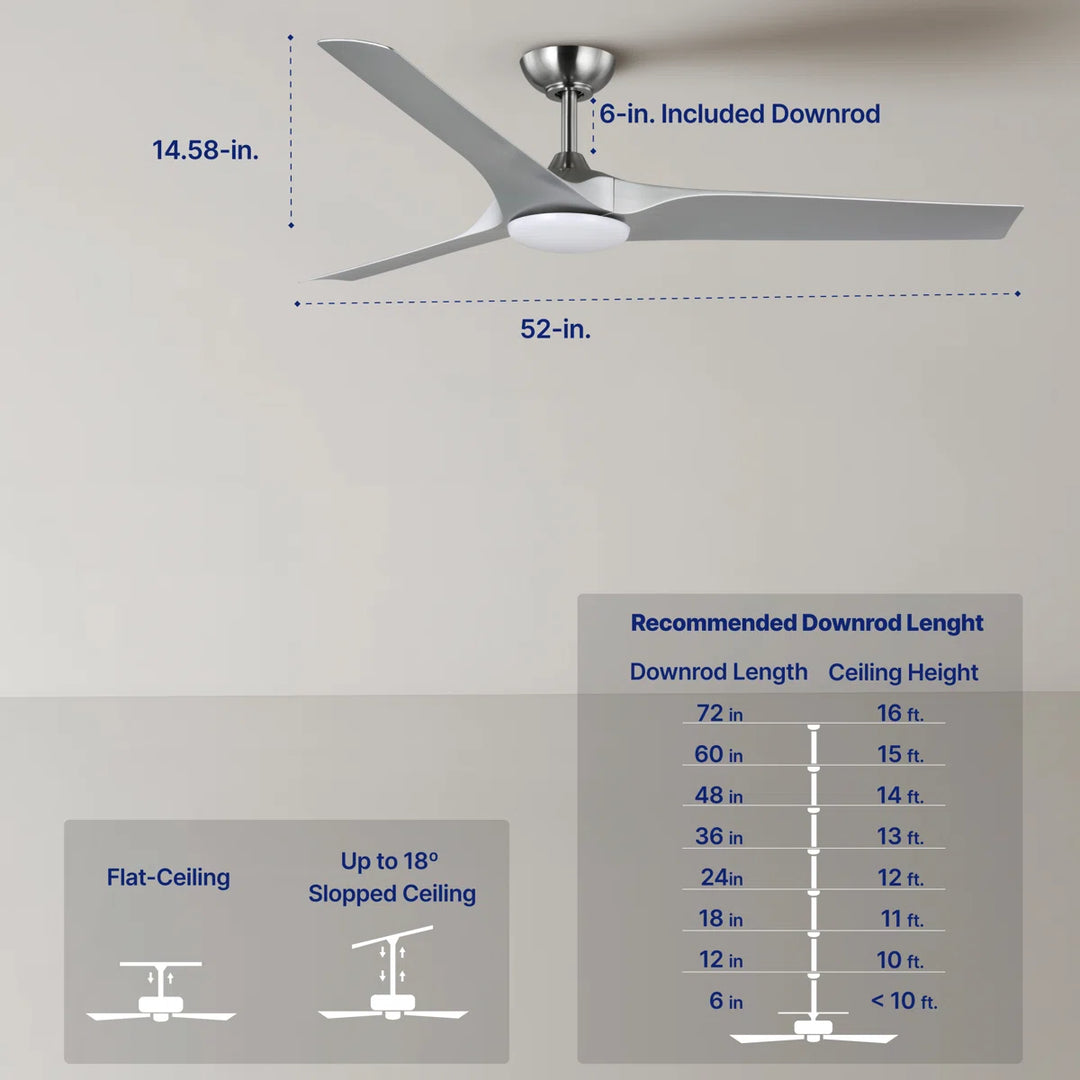 Gossamer 52/60 in Ceiling Fan with Light in Brushed Nickel / Silver — dimensions, downrod and sloped-ceiling fit