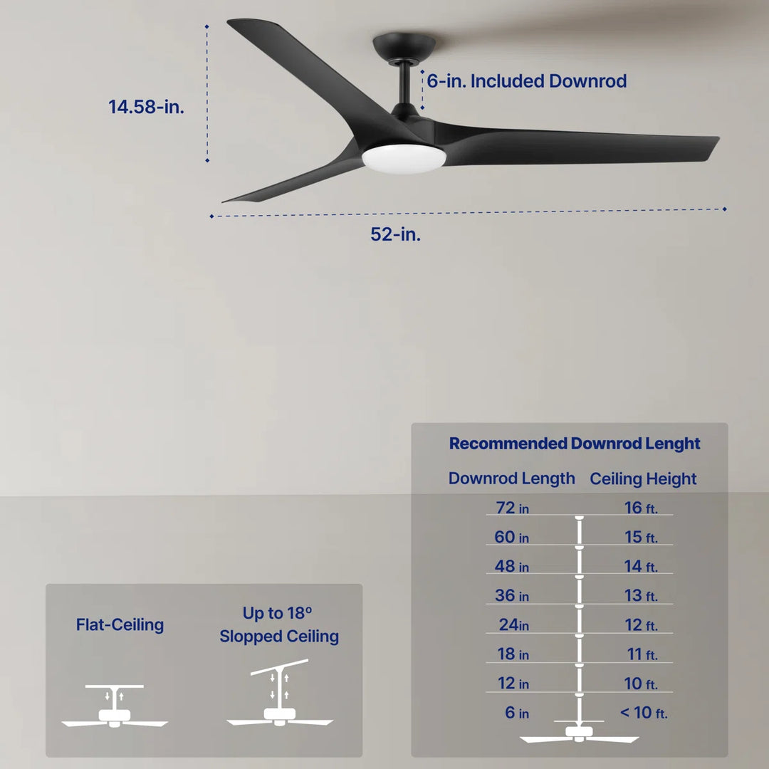 Gossamer 52/60 in Ceiling Fan with Light in Matte Black — dimensions, downrod and sloped-ceiling fit