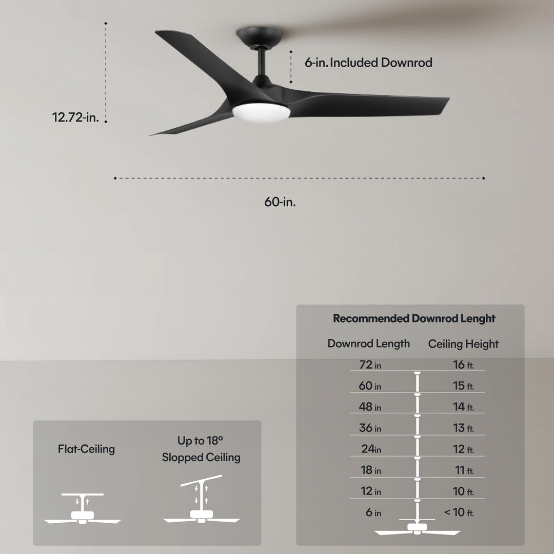 Gossamer 52/60 in Ceiling Fan with Light in Matte Black — dimensions, downrod and sloped-ceiling fit