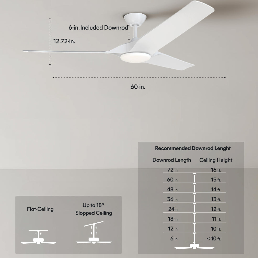 Gossamer 52/60 in Ceiling Fan with Light in Matte White — dimensions, downrod and sloped-ceiling fit