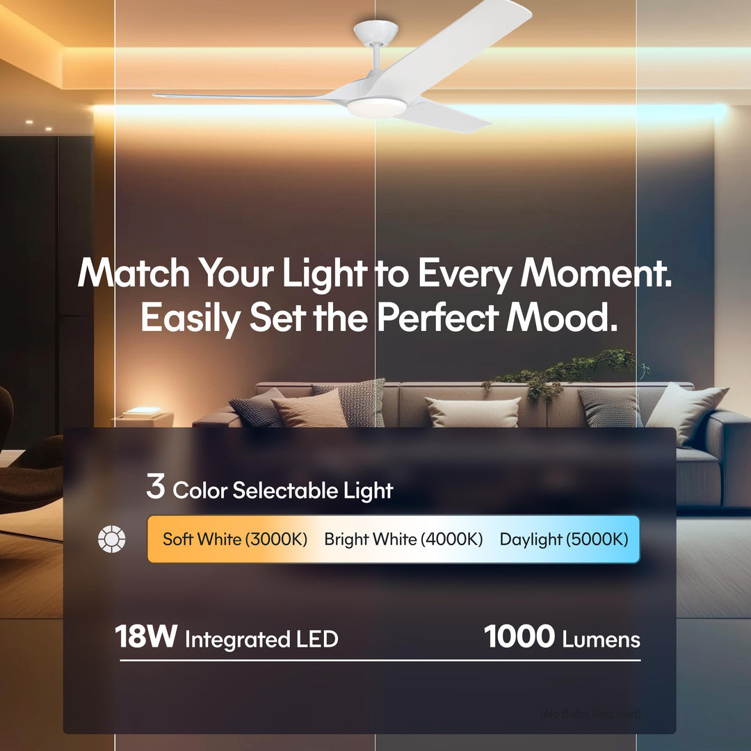 Gossamer 52/60 in Ceiling Fan with Light in Matte White — lighting, colour temperature and lumens