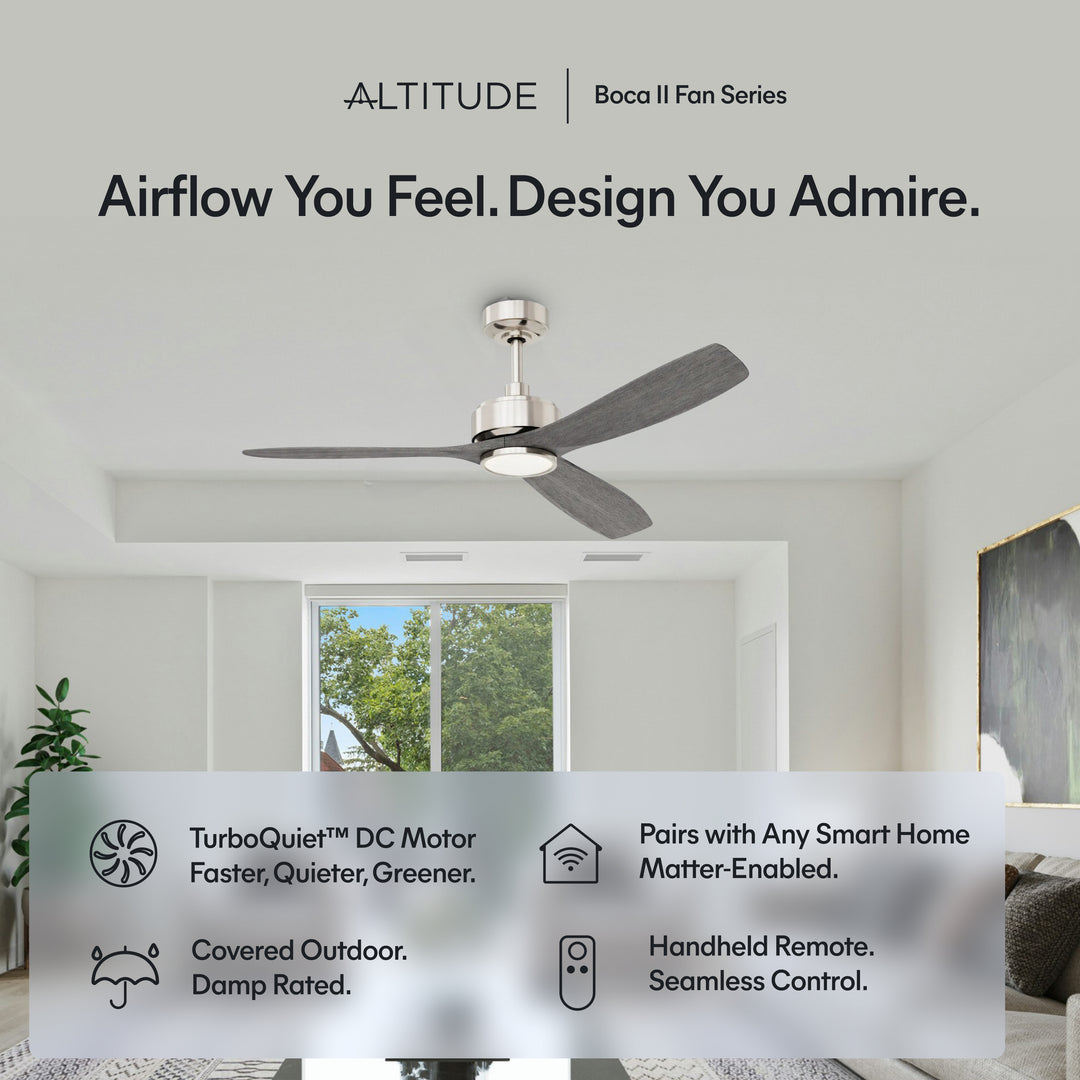BOCA II 52 in Matter Smart Ceiling Fan with Light in Brushed Nickel / Slate Oak — feature overview