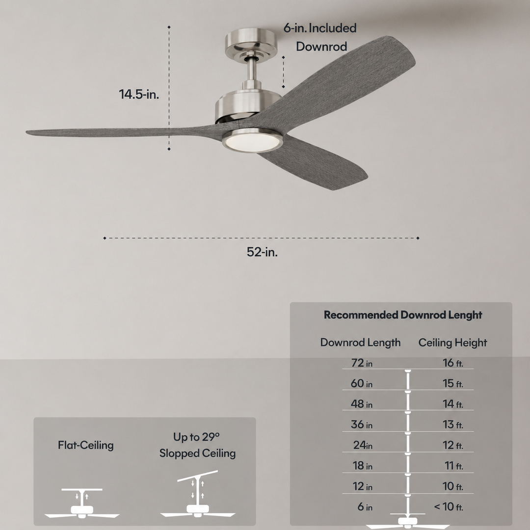 BOCA II 52 in Matter Smart Ceiling Fan with Light in Brushed Nickel / Slate Oak — dimensions, downrod and sloped-ceiling fit