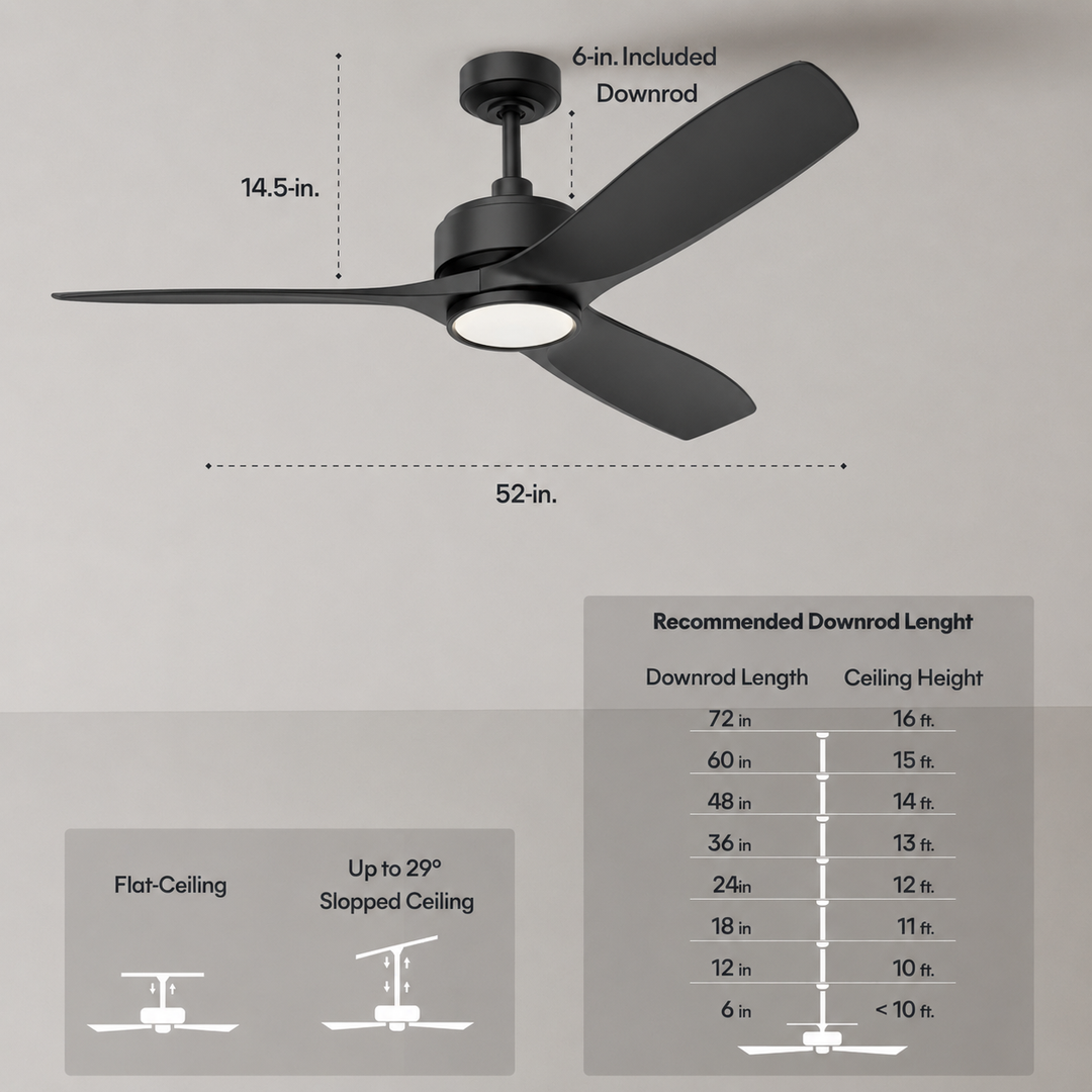 BOCA II 52 in Matter Smart Ceiling Fan with Light in Matte Black — dimensions, downrod and sloped-ceiling fit