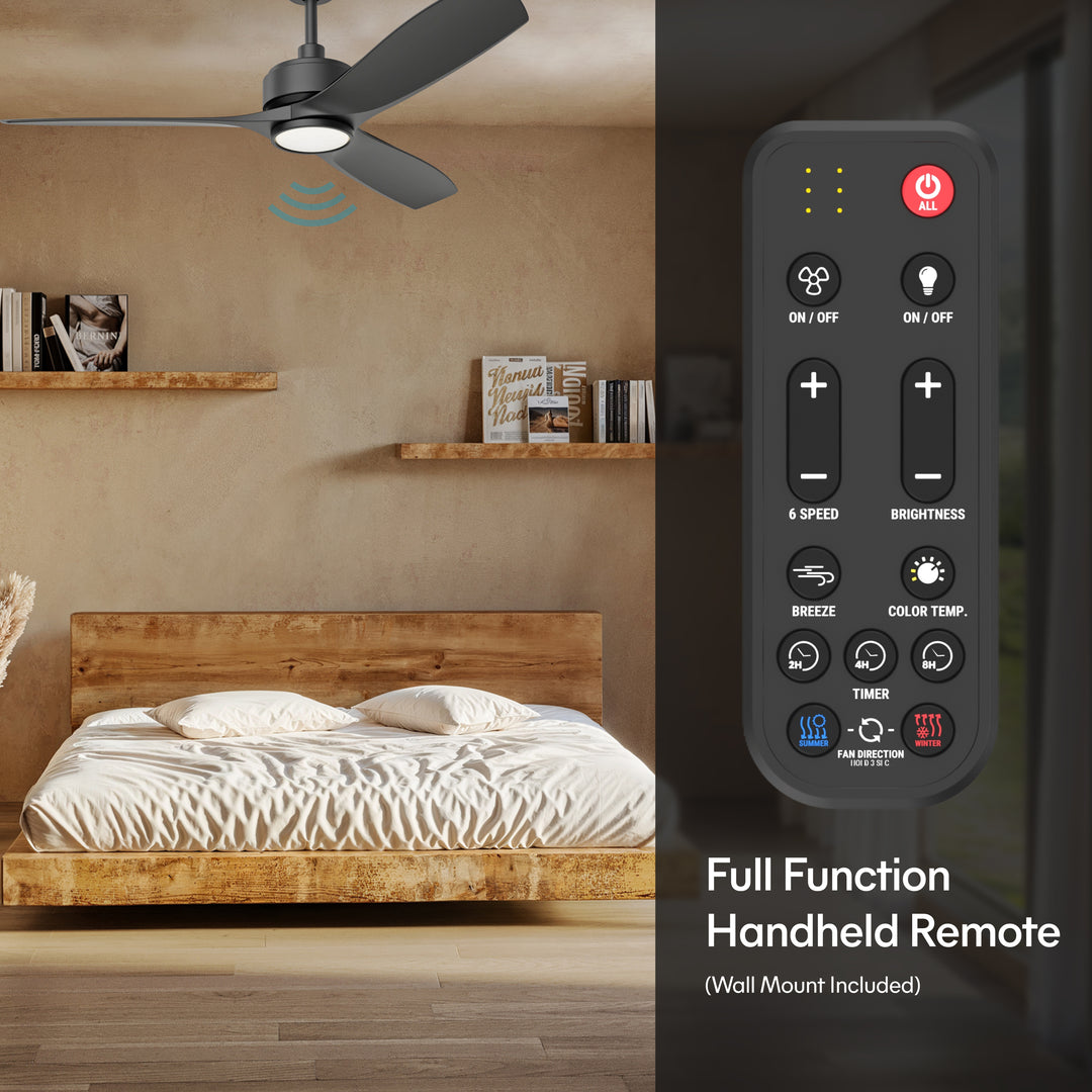 BOCA II 52 in Matter Smart Ceiling Fan with Light in Matte Black — remote, control and pull chain