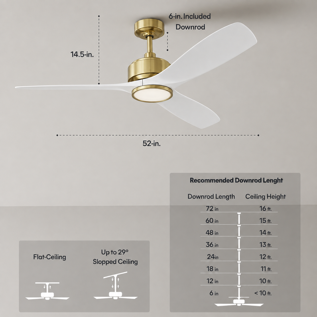 BOCA II 52 in Matter Smart Ceiling Fan with Light in Matte Champagne / Matte White — dimensions, downrod and sloped-ceiling fit