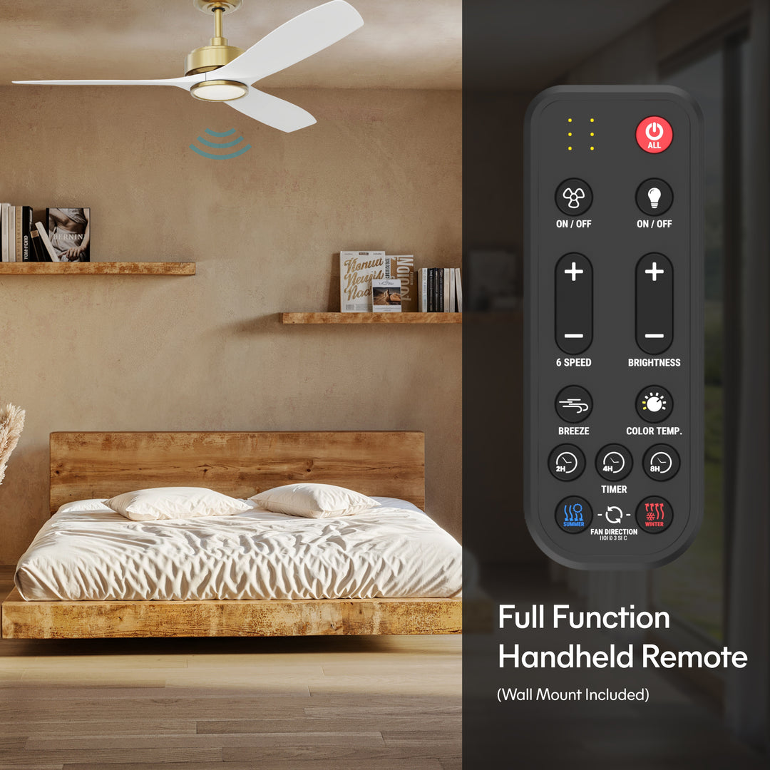 BOCA II 52 in Matter Smart Ceiling Fan with Light in Matte Champagne / Matte White — remote, control and pull chain