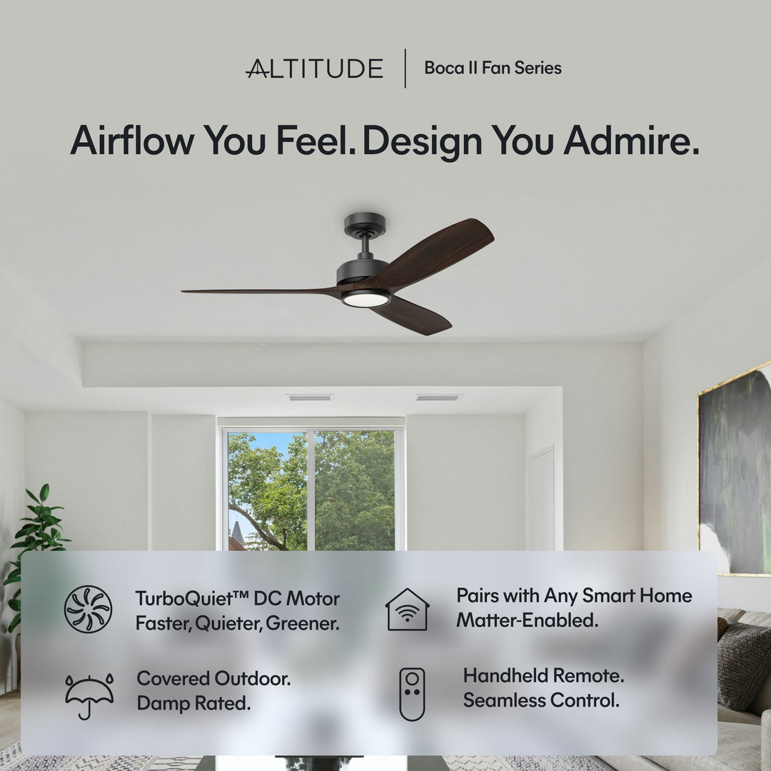BOCA II 52 in Matter Smart Ceiling Fan with Light in Matte Black / Dark Driftwood — feature overview