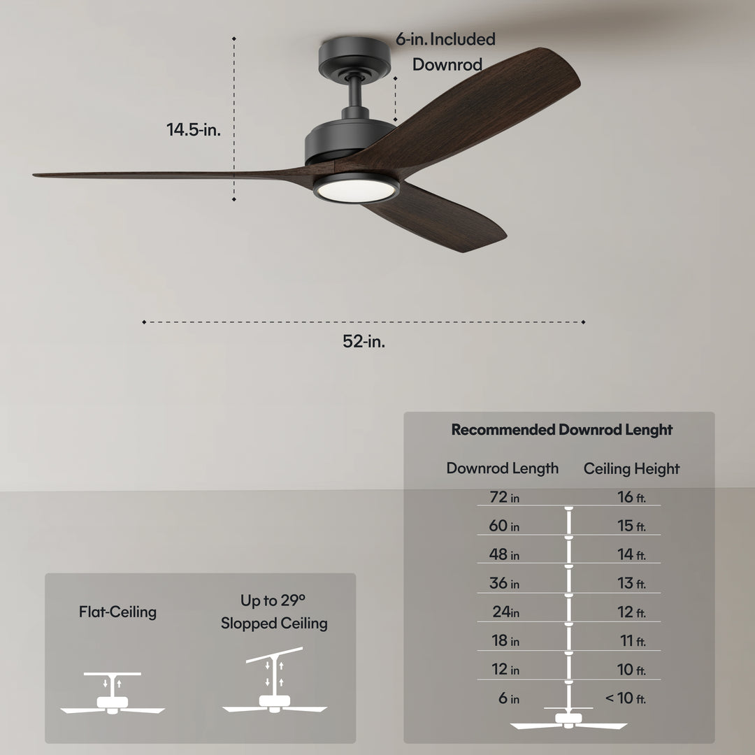 BOCA II 52 in Matter Smart Ceiling Fan with Light in Matte Black / Dark Driftwood — dimensions, downrod and sloped-ceiling fit