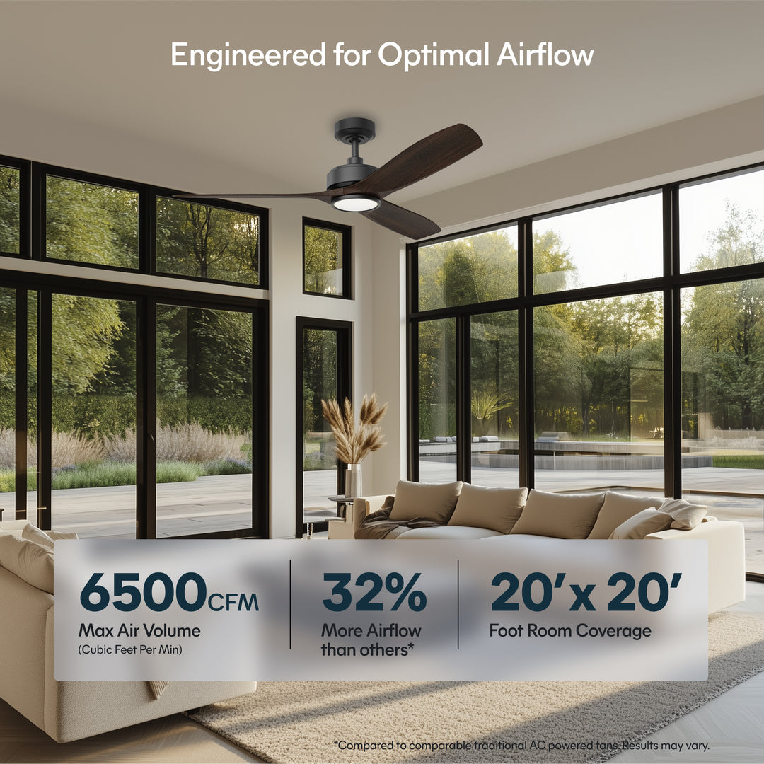 BOCA II 52 in Matter Smart Ceiling Fan with Light in Matte Black / Dark Driftwood — airflow and room coverage