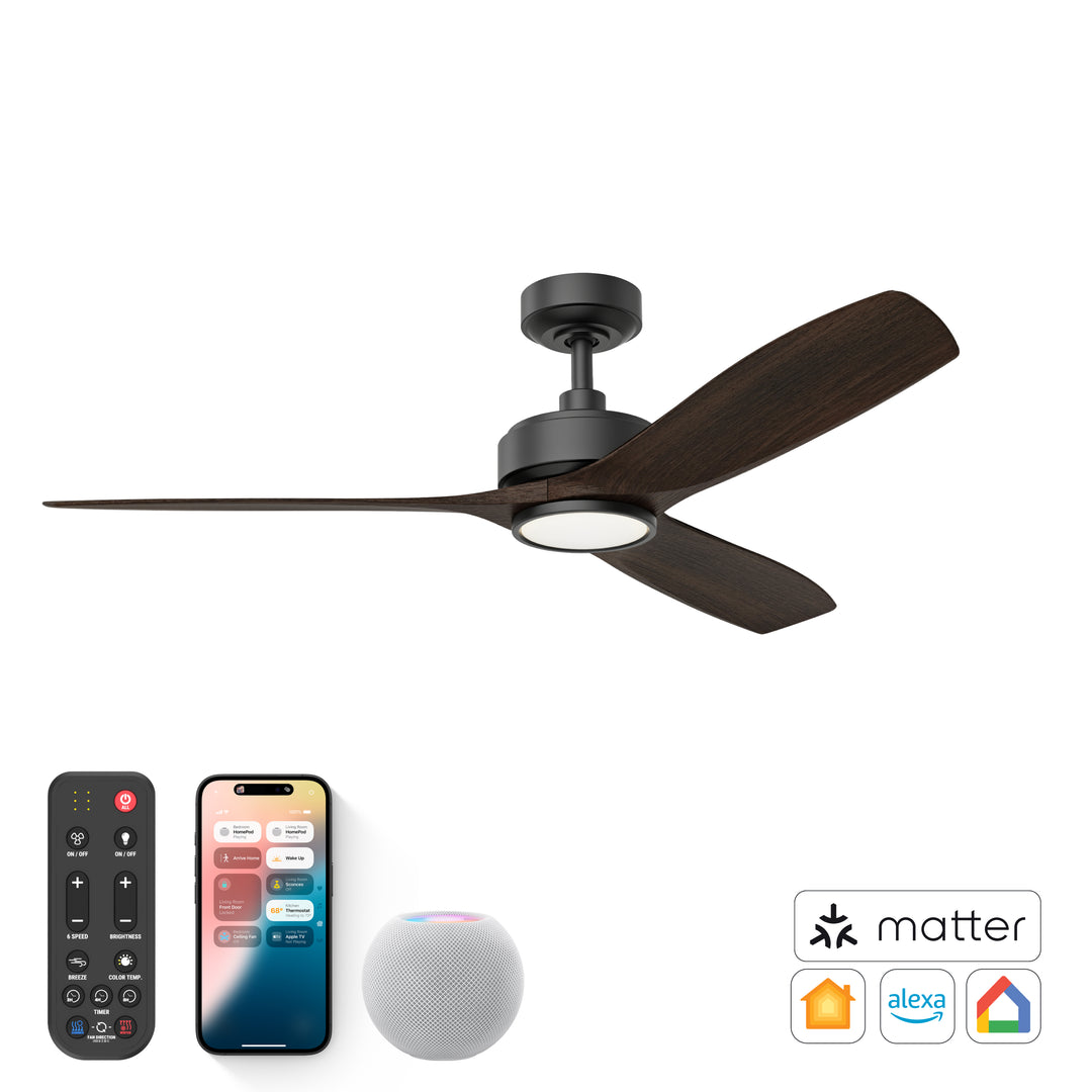 BOCA II 52 in Matter Smart Ceiling Fan with Light in Matte Black / Dark Driftwood — product / remote view alternate supplemental, remote, control and pull chain