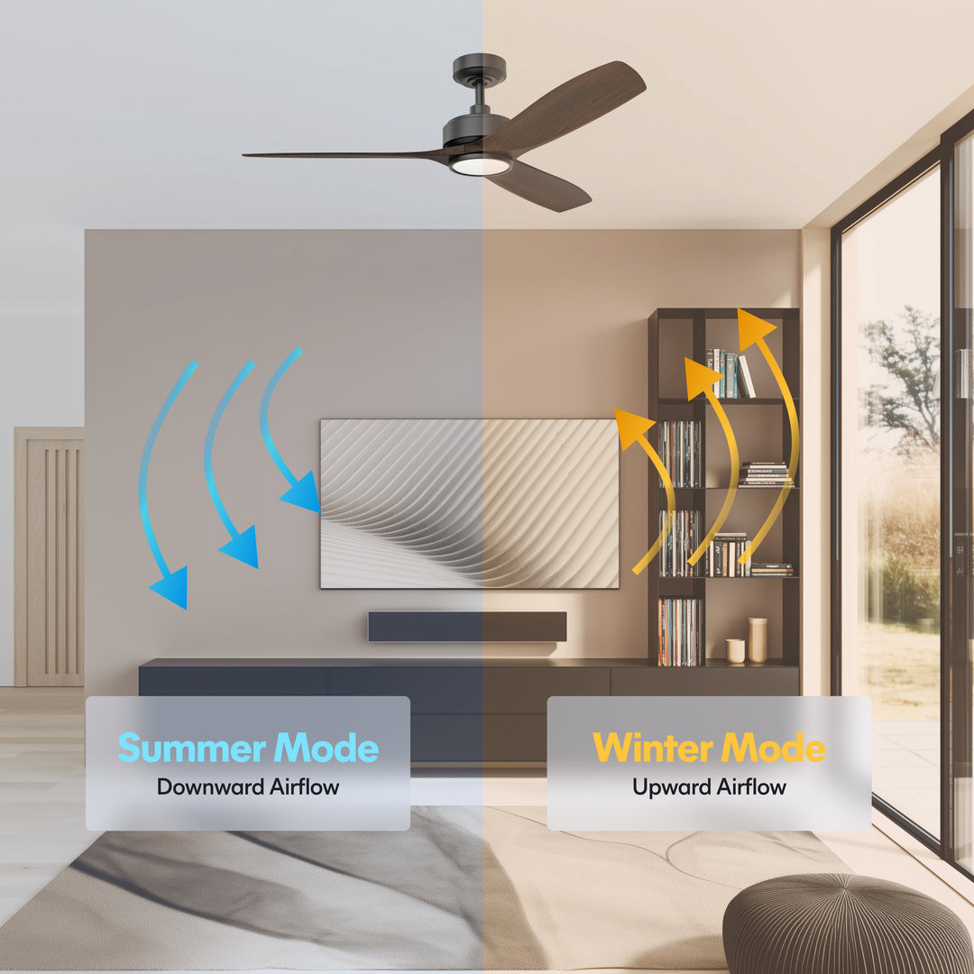 BOCA II 52 in Matter Smart Ceiling Fan with Light in Matte Black / Dark Driftwood — reversible summer and winter modes