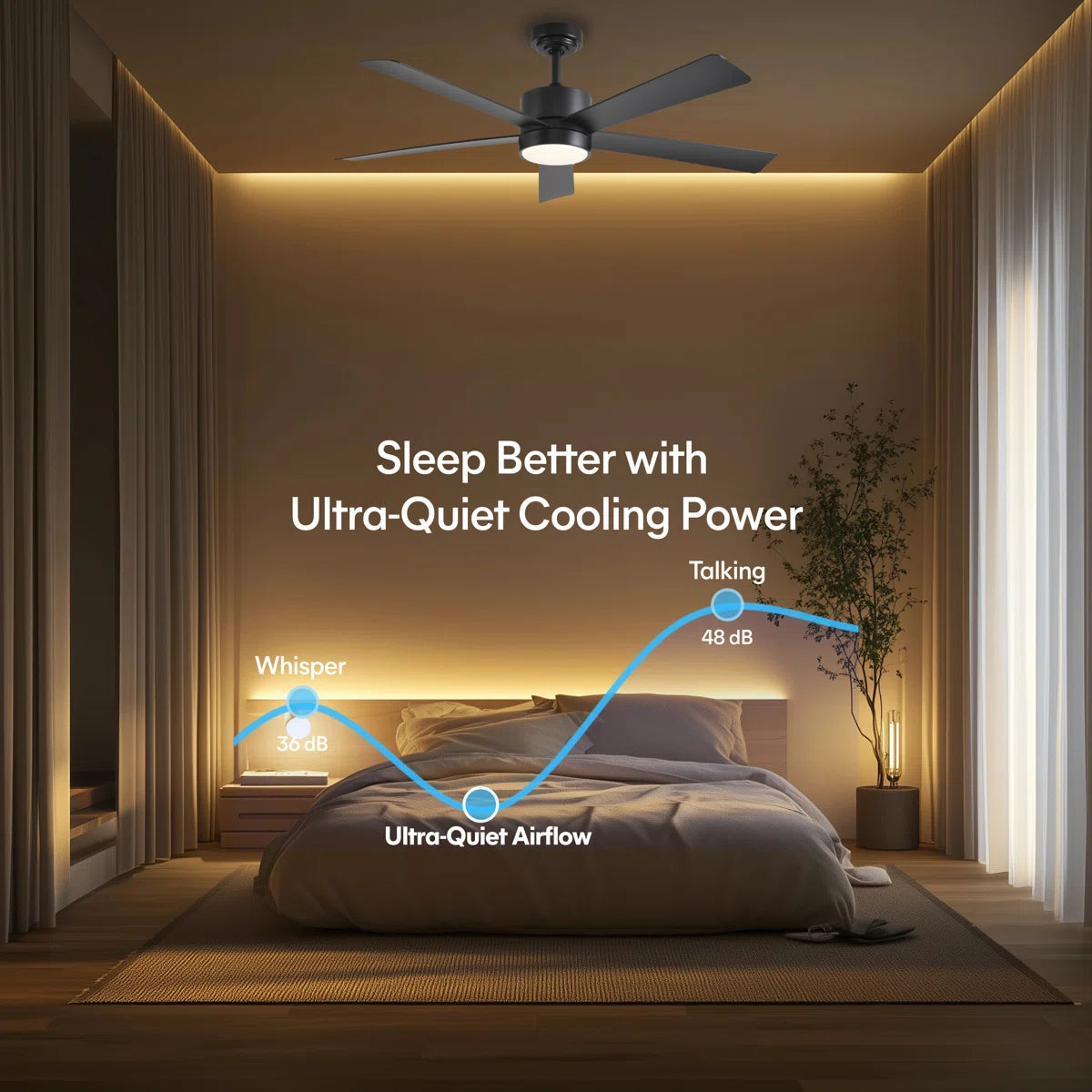 Dawn 52 in matter smart ceiling fan with light in matte black — feature overview