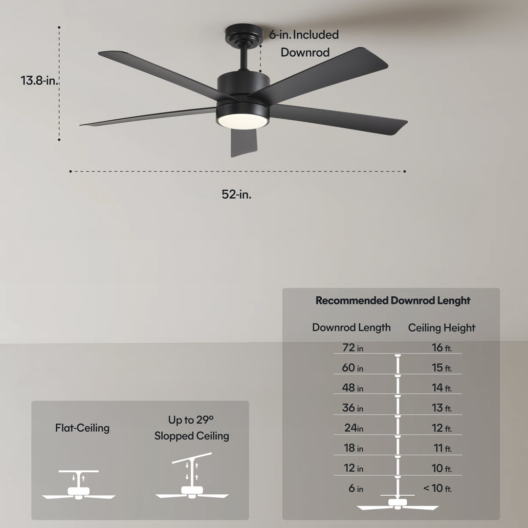 Dawn 52 in Matter Smart Ceiling Fan with Light in Matte Black — dimensions, downrod and sloped-ceiling fit