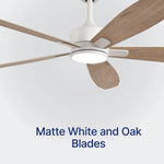 Load image into Gallery viewer, Dragonfly 56 in Matter Smart Ceiling Fan with Light in Matte White / Blackened Oak / White Wood — finish and material detail

