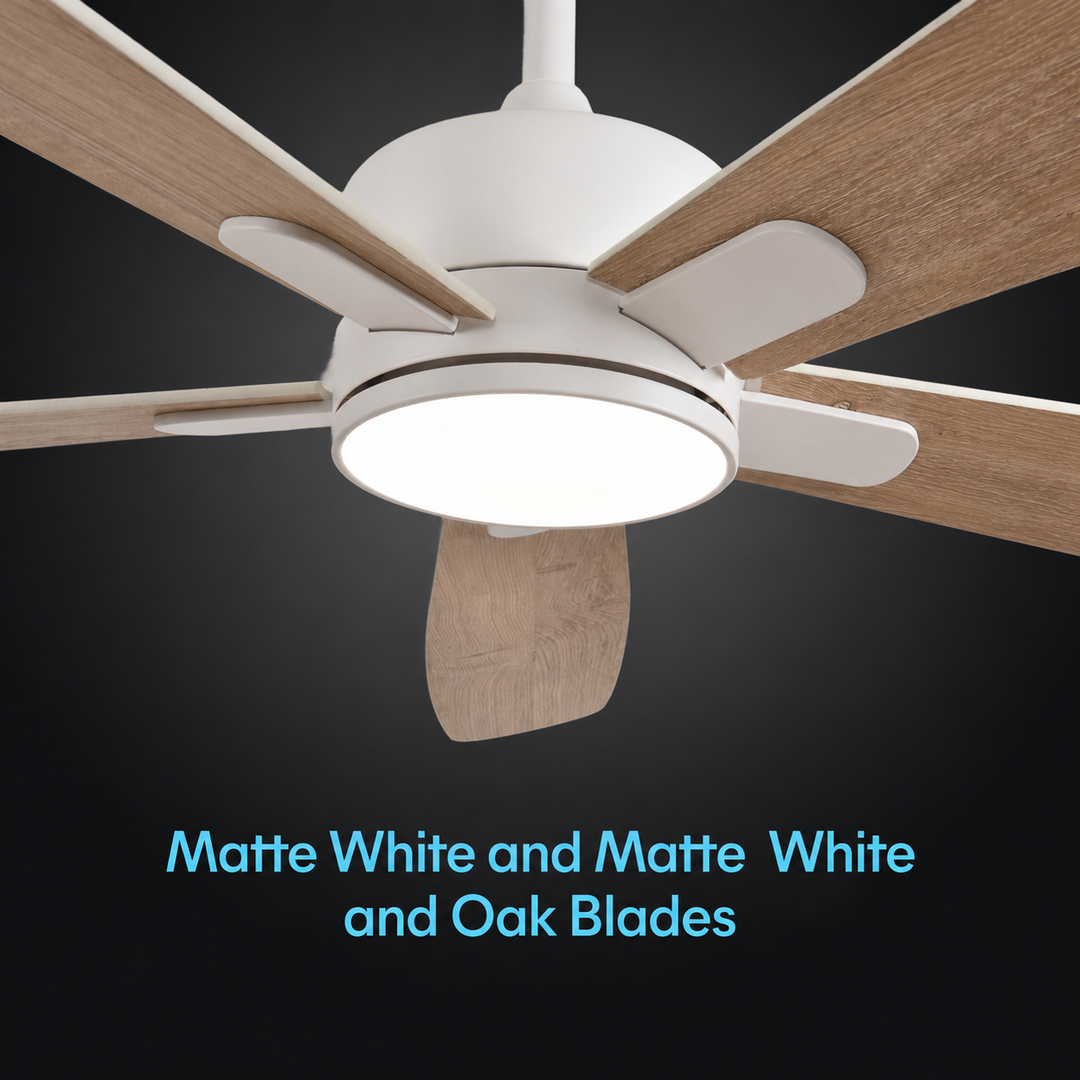 Dragonfly 56 in Matter Smart Ceiling Fan with Light in Matte White / Blackened Oak / White Wood — finish / material detail supplemental